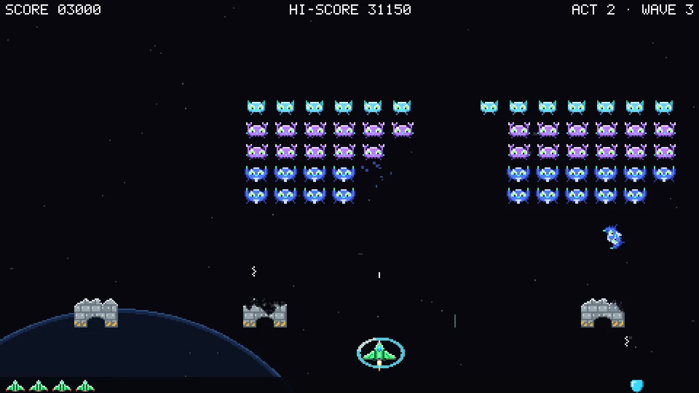 Act 2 of Cosmic Invaders: rows of alien invaders above the player’s shielded ship in deep space.