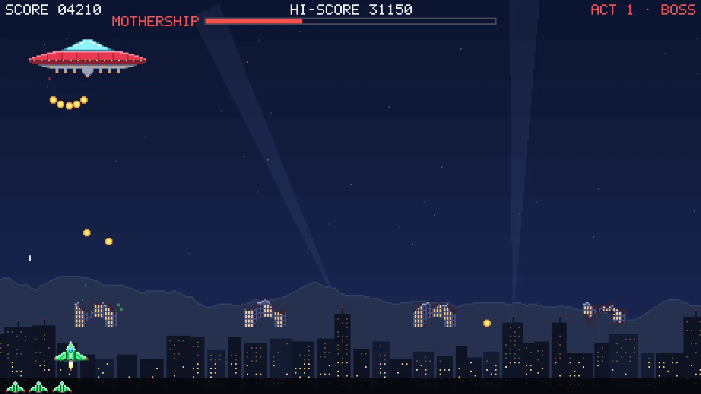 Screenshot of Cosmic Invaders: the player's ship fights a red mothership over a city skyline at night.